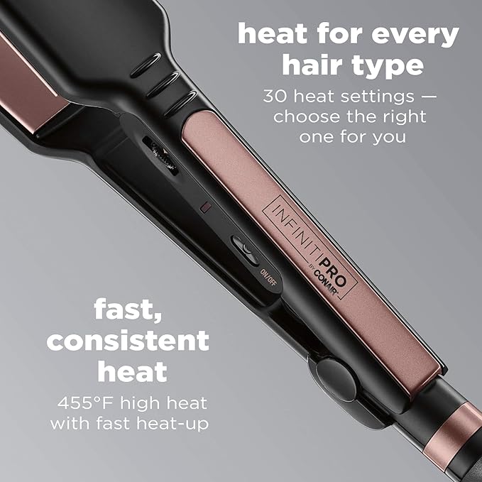 Infiniti PRO CONAIR Rose Gold Ceramic Flat Iron Hair Straightener, 1 3/4-Inch Flat Iron with Extra-Long Plates, Including a Floating Plate, Advanced Heat Technology, Black