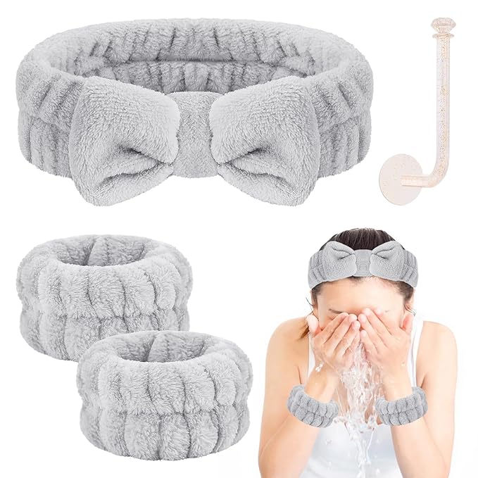 Face Wash Set - Microfiber Headband, Wristbands with Holder for Comfortable Facial Cleansing