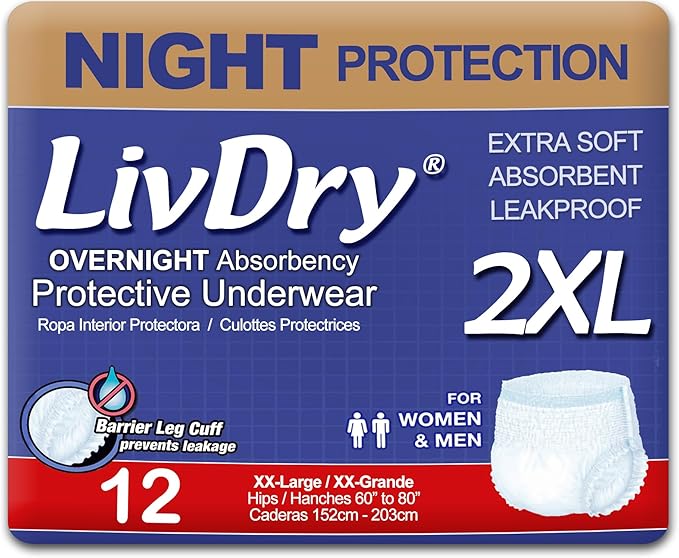 LivDry 2XL Overnight Adult Diapers for Women and Men, XXL Incontinence Underwear, 60”-80" Waist, Disposable Pull-On Briefs, XX-Large, 12 Pack