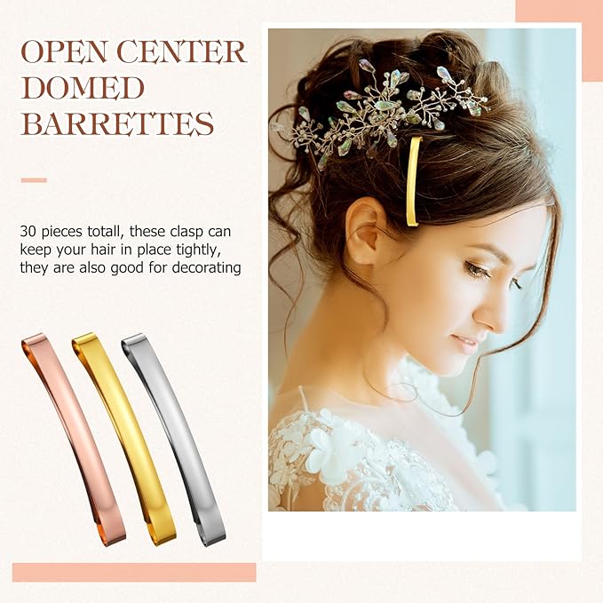 Hotop 30 Pieces Open Center Metal Barrettes Anti-slip Metal Hair Clip for Women, Assorted Colors(Slide Barrette,Rose Gold,Silver, Gold)