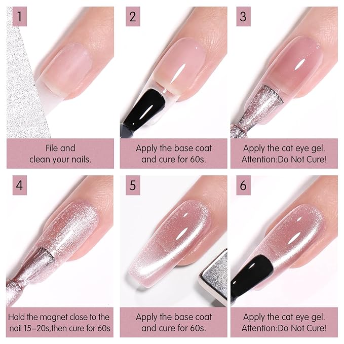 Jelly Pink Silver Cat Eye Gel Nail Polish Set 6 Colors with Magnet for Holographic Glitter Cat Eye, Salon Gel Manicure and Nail Art DIY at Home