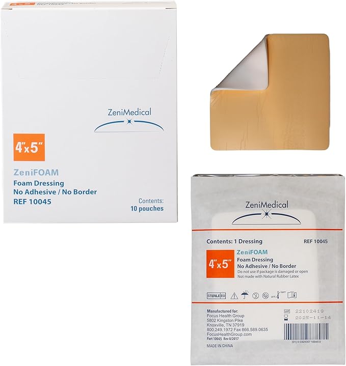 ZeniFOAM Polyurethane Foam Dressing 4" x 5" - No Border, No Adhesive, Sterile, Highly Absorbent for Heavy Wound Drainage, Non-Stick and Lint-Free Pad, Latex-Free, with Waterproof Backing (10pcs/Box)