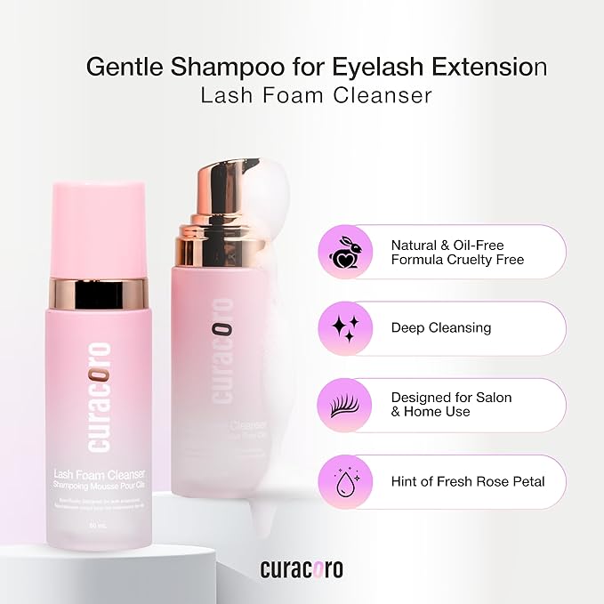 CURACORO 60ML Eyelash Extension Cleanser (Rose Scented) - Lash Shampoo for Lash Extensions, Eyelash Extension Foam Cleanser for Sensitive Skin, Removes Waterproof Makeup for Professional & Home Use