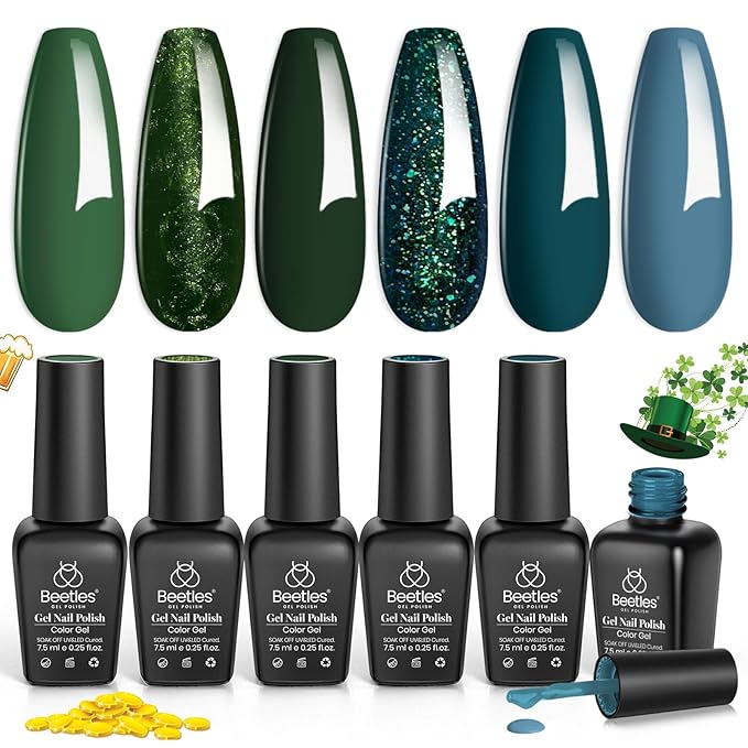 Beetles Green Gel Nail Polish Set - Boundless Forest Dark Green Gel Polish, 6 Colors Soak Off Uv LED Nail Lamp Gel Nail Kit Home DIY Manicure Nail Salon