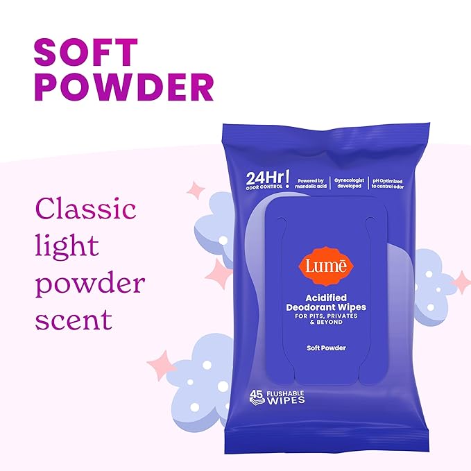 Lume Acidified Deodorant Wipes - 24 Hour Odor Control - Whole Body Deodorant Wipes - Aluminum Free, Baking Soda Free, Skin Loving - Flushable - 45 Count - 2 Pack (Soft Powder)