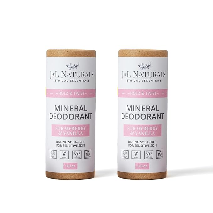 J&L Naturals Mineral Deodorant | Baking Soda-Free, 100% Natural, Sustainable | Sensitive Deodorant For Women & Men | Aluminum Free, Vegan, Cruelty-Free (Strawberry & Vanilla, 3 Oz (Pack of 2))