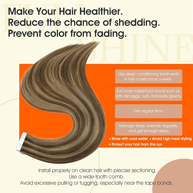 Full Shine Tape in Hair Extensions Human Hair 16 Inch Color 4 Brown Highlighted 27 Blonde Invisible Skin Weft Tape Extensions Adhesive Extension 50 Gram 20Pcs PU Tapes Natural Straight for Women