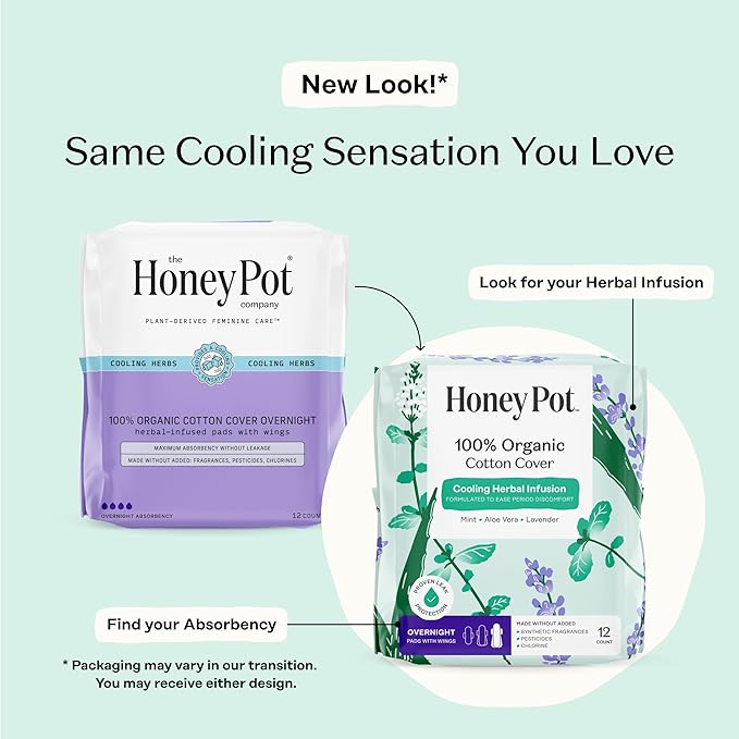 The Honey Pot Company - 48 ct - Herbal Pads for Women - Overnight w/Wings - Infused w/Essential Oils for Cooling Effect & Organic Cotton Cover - Feminine Care
