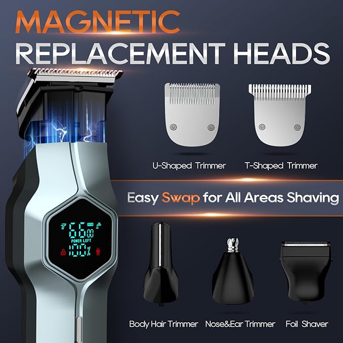 Beard Trimmer for Men, Magnetic Snap-on Replacement Heads & Charging Dock, IPX7 Waterproof Cordless Hair Clippers, Mens Grooming Kits for Mustache/Body/Face/Ear/Nose, Blue