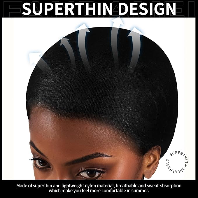 Fandamei HD Wig Caps Super Thin, 4PCS Ultra Thin Black, Nylon Wig Cap for Women Stretchy, Natural Transparent HD Wig Caps for Lace Front Wigs. Summer Wear Comfortable Wig Cap(Black)
