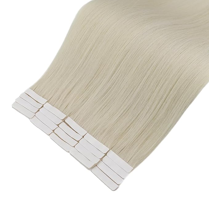 Full Shine Injection Tape ins Human Hair Extensions Virgin Tape Hair Extensions Human Hair Color 1000 Blonde Human Hair Extension 14Inch Machine Remy Seamless Extensions 10G 5Pcs for Wedding