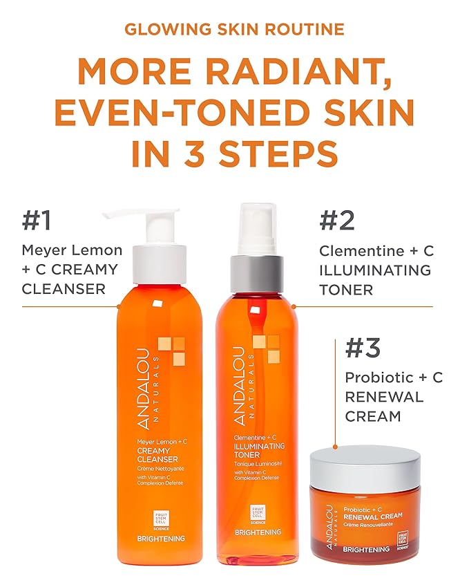 Andalou Naturals Illuminating Facial Toner Clementine + Vitamin C - Hydrating Face Mist Toner to Balance & Refresh Skin - with Fruit Stem Cell Complex Plus Aloe Vera - 6 fl oz