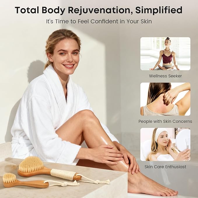 Bamboo Dry Brushing Set with Body and Face Brush, Dry Scrub Brush with Exfoliating Natural Boar Bristle for Lymphatic Drainage, Cellulite Reduction, Blood Circulation and Glowing Skin, 2 Pack