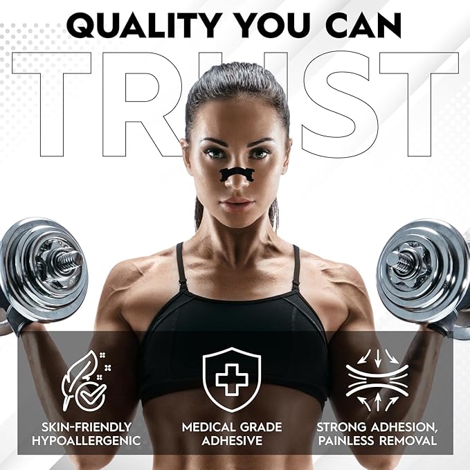 Nose Strips for Breathing (90 Count) – Performance Extra Strength, Oil & Sweat Proof Adhesive – Athletic Nasal Strips for Snoring & Sleep – Wide Body, Universal Fit, Black