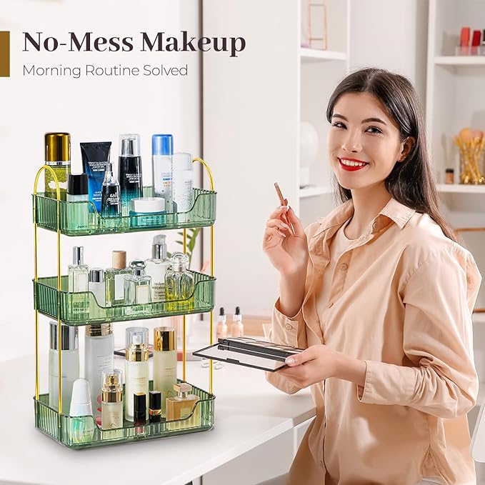 Aveniee Bathroom Counter Organizer, 3 Tier Perfume Skin Care Countertop Storage Shelf, Vanity Makeup Tray for Cosmetic Skincare Lotion,Green
