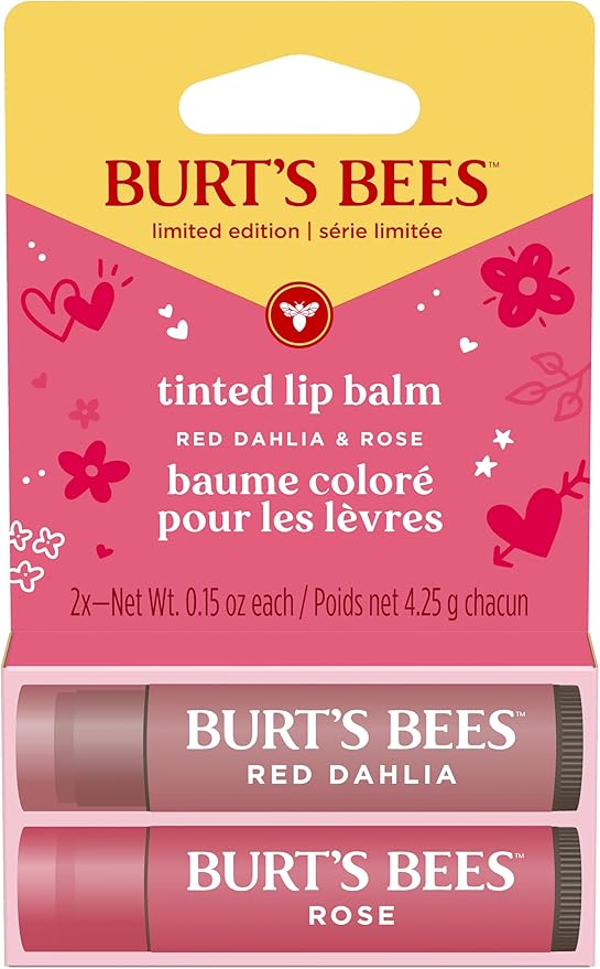Burt's Bees Valentine's Day Gifts, Lip Tint Balm, Long Lasting Duo Tinted Balm Formula, Color Infused with Hydrating Shea Butter for a Natural Looking Buildable Finish, Red Dahlia + Rose (2-Pack)