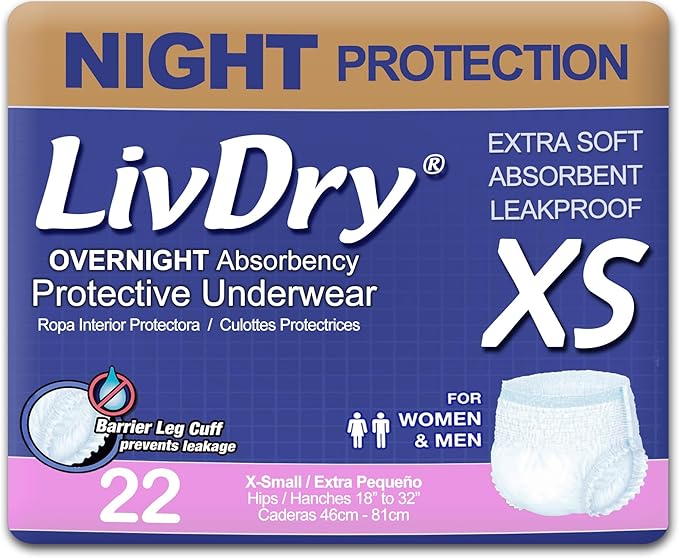 LivDry Adult XS Incontinence Underwear, Overnight Comfort Absorbency, Leak Protection, X-Small, 22-Pack