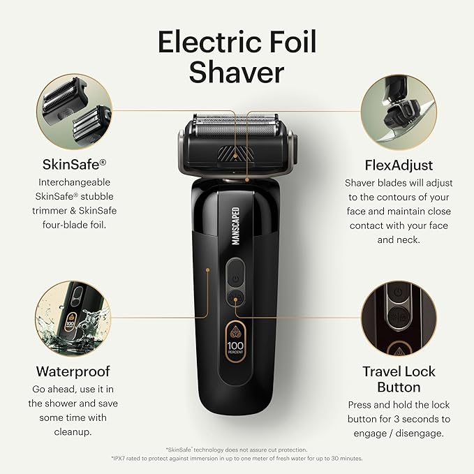 MANSCAPED® The Chairman™ PRO Package - Men’s Electric Face Shaver with Two Interchangeable Blades, SkinSafe® Four-Blade Foil & Stubble Trimmer, Power Shave Gel, Face Shave Soother Aftershave