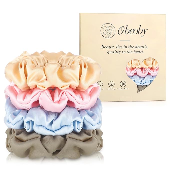 4 Pack Mulberry Silk Scrunchies, Silk Hair Ties Satin Scrunchies No Damag for Hair Sleep Valentine's Day Gifts