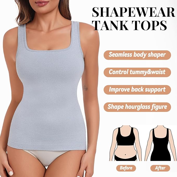 EUYZOU Women's Tummy Control Shapewear Tank Tops Seamless Square Neck Compression Tops Slimming Body Shaper Camisole