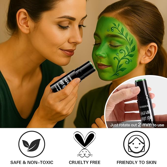 BOBISUKA Light Green Face & Body Paint Stick Water-Based Washable Face Paint Makeup Stick for Halloween Witch, Zombie, Skull, Monster, Hulk, Goblin, Cosplay, SFX, Sports Eye Black & Costume Party