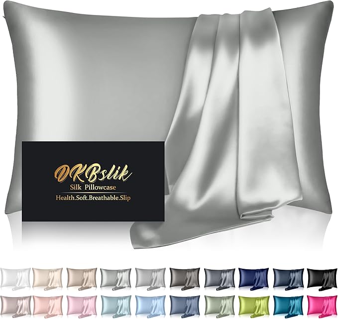 Mulberry Silk Pillow Cases Standard Size, Silk Pillowcase for Hair and Skin, Both Sides Natural Silk Satin Pillowcase for Sleeping Women with Zipper, Gifts for Women Men, Silver Grey