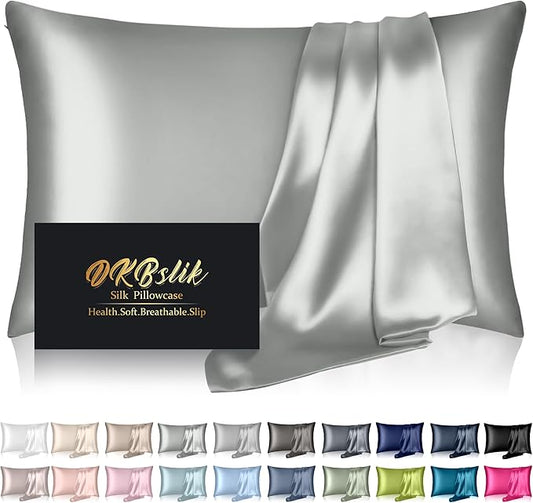 Mulberry Silk Pillow Cases Queen Size, Silk Pillowcase for Hair and Skin, Both Sides Natural Silk Satin Pillowcase for Sleeping Women with Zipper, Gifts for Women Men, Silver Grey