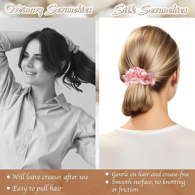 100% Mulberry Silk Scrunchies for Hair Bun Ponytail, No Damage 4 Pack Silk Hair Ties for All Hair Types Valentines Gifts for Women Girls