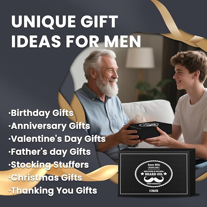 ISNER MILE 5 Pack Beard Oil Kit: Sandalwood Orange Cedarwood Sage Unscented for Beard Care & Conditioner, Christmas Stocking Stuffers for Adults Men, Birthday Gifts for Him Boyfriend Dad Husband