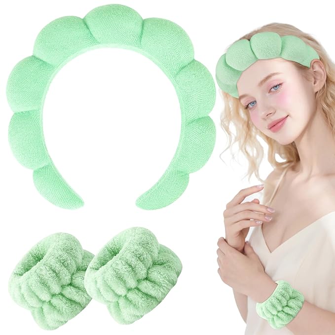 Zkptops Spa Headband for Washing Face Wristband Set Sponge Makeup Skincare Terry Cloth Bubble Soft Get Ready Hairband for Women Girl Puffy Padded Headwear Non Slip Thick Hair Accessory(Light Green)