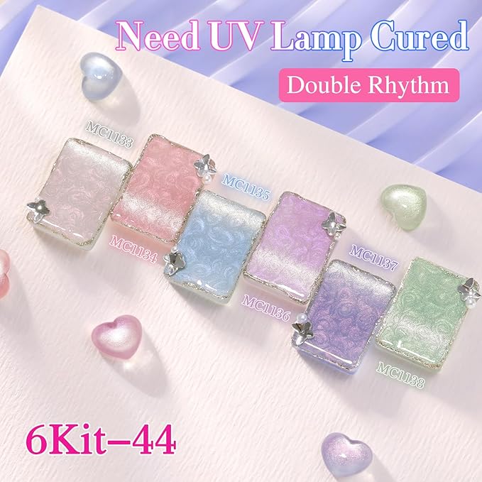 Double Rhythm Cat Eye Gel Polish Set 6 Colors Shimmer Glitter with Magnet Holographic Reflective Magnetic UV Nail Art Kit (Pearl Pink Blue Green Purple 6-Kit 44)