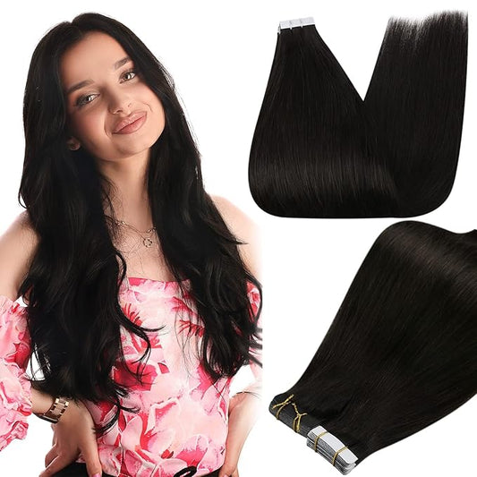 Full Shine Tape in Hair Extensions Remy Hair 20Inch Seamless Invisible Tape in Extensions Human Hair Color 1B Off Black Hair Extensions Silky Straight Real Human Hair Adhesive Extensions 50G 20Pcs