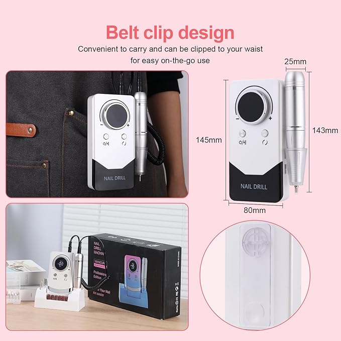 Electric 45000RPM Nail Drill Machine Rechargeable Portable Nail File Electric DIY Nail Drill Kit with Smart LCD Screen for Gel Nail Manicure and Pedicure Reflective Body etc (White)