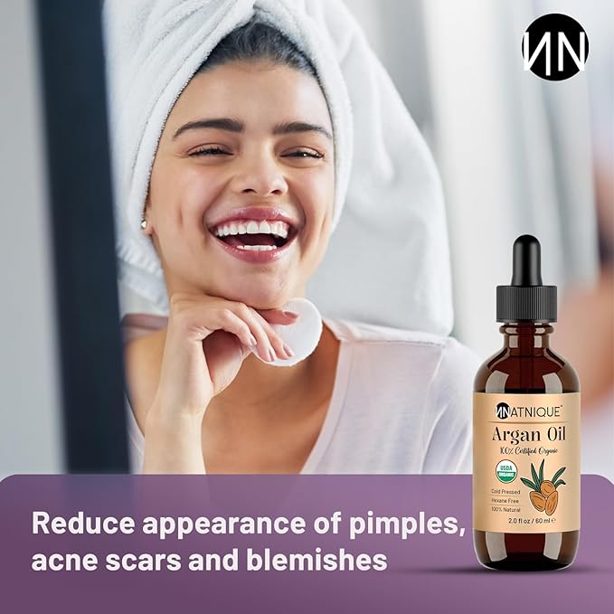 Natnique Organic Argan Oil, 2 oz – Pure Cold-Pressed Moroccan Oil from Morocco for Hair, Skin, Face & Nails – USDA Certified Organic, Virgin Aceite de Argan Cabello, Hexane-Free Moisturizer
