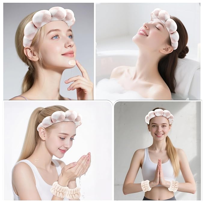 Zkptops Spa Headband for Washing Face Wristband Set Sponge Makeup Skincare Velvet Fabric Bubble Soft Get Ready Hairbands for Women Puffy Headwear Non Slip Thick Thin Hair Accessory (Checkered)