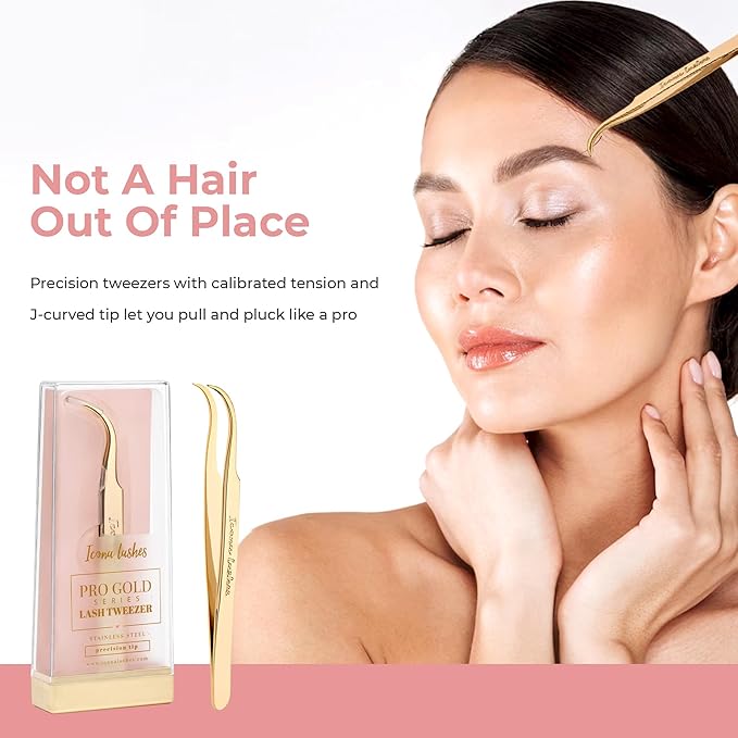 Hair Removal & Eyelash Tweezer - J-curved Tip for Precise Plucking - Applicator Tool for False Eyelash Clusters & Lash Extensions - 24K Gold Plating, Stainless Steel - Case Included