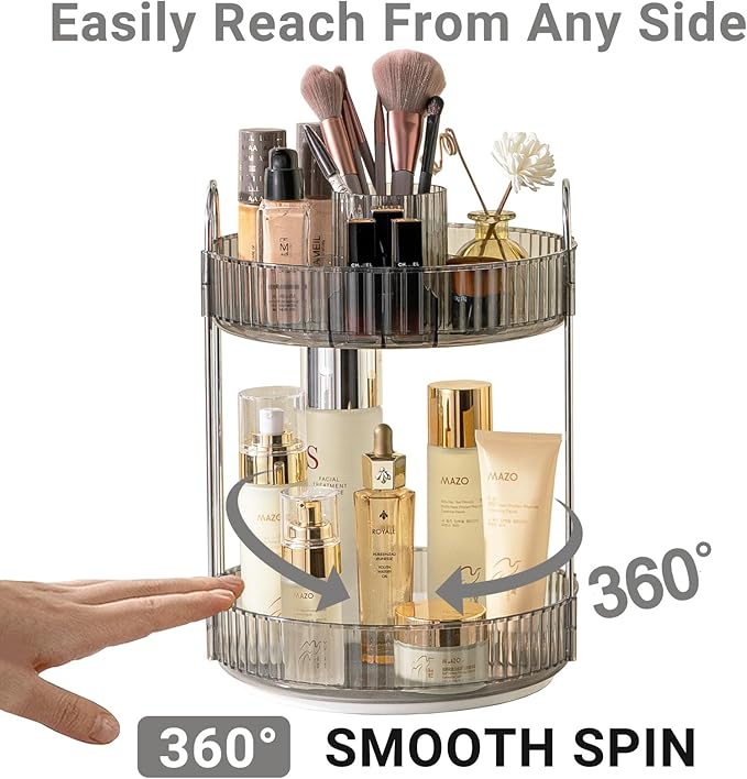 360 Rotating Makeup Organizer,2 Tier Large Capacity Make Up Organizers and Storage,Skincare Perfume Vanity Organizers,Bathroom Cosmetics Storage Organizer Countertop(Grey)