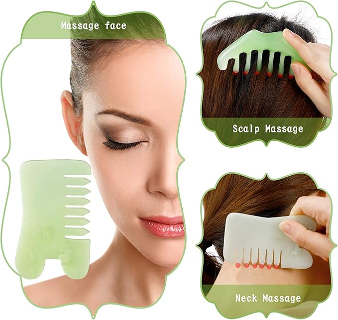 Geiserailie 2 Pcs Jade Combs Esthetician Supplies Massage Stone Hair Gua Sha Scraping Scalp Comb Facial Massage Tool Handheld Head Tools Head Caring Therapy Valentines for Women(Mixed Style)