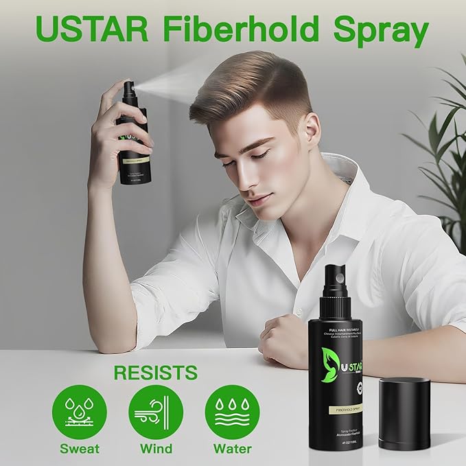 Hair Building Fibers 77.5g, USTAR 5 in 1 Hair Fibers for Thinning Hair with Holding Spray for Instantly Thicker, Fuller Look, Styling Hair Powder for Men & Women (Medium Brown)