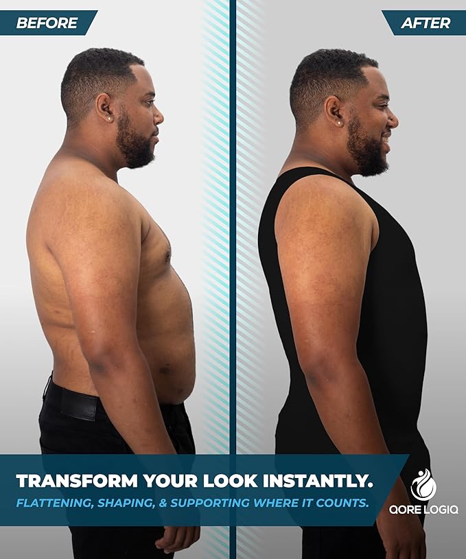 QORE LOGIQ Gynecomastia Compression Shirts for Men - Sleeveless Slimming Undershirts Tummy Control and Body Shaper Tank Top