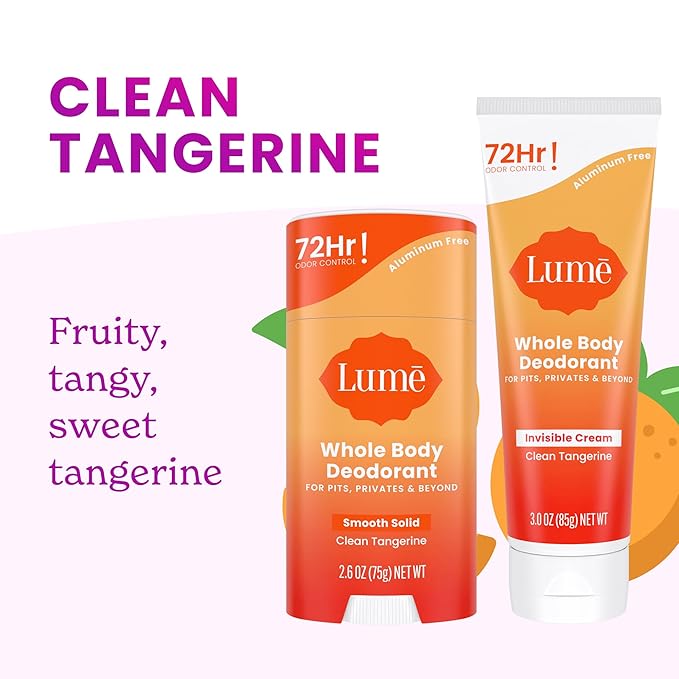 Lume Whole Body Deodorant - Invisible Cream Tube and Solid Stick - 72 Hour Odor Control - Aluminum Free, Baking Soda Free, Skin Safe - 3.0 Ounce Tube and 2.6 Ounce Solid Stick Bundle (Clean Tangerine)