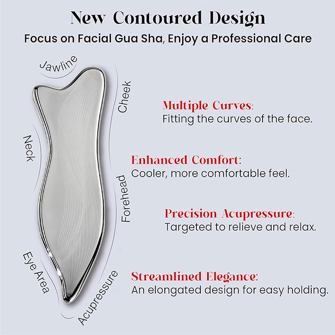 Rena Chris Stainless Steel Gua Sha Facial Tools - Acupressure & Gua Sha for Face Massage, Jawline Sculpting, Puffiness Reduction, Skin Care Tool (Silver)