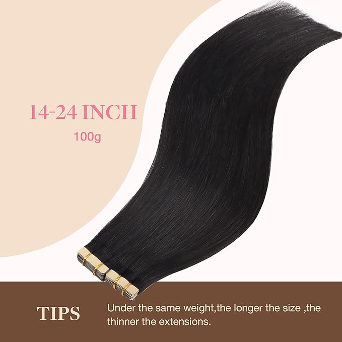 GOO GOO Tape in Hair Extensions Human Hair, 1B Natural black, 12inch 80g 40pcs, Skin Weft Seamless Invisible, Silky Straight with Thick Ends, Remy Human Hair