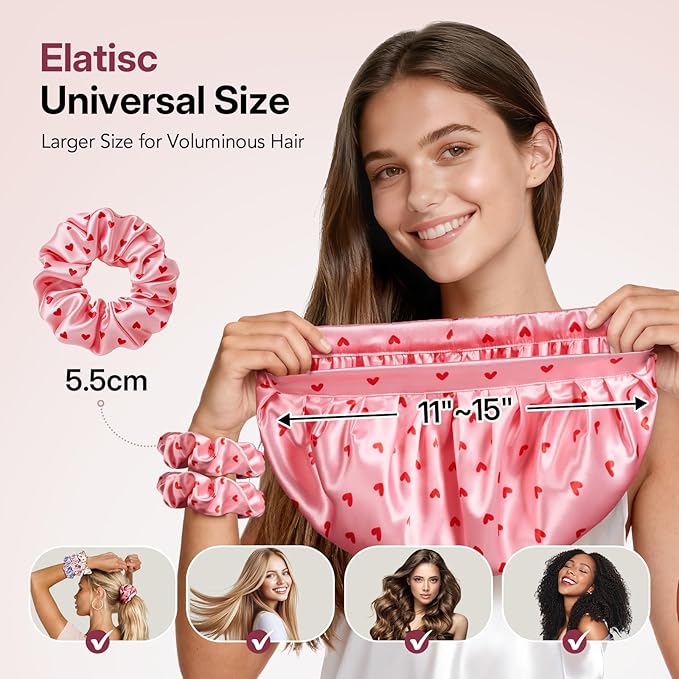 LitBear Silk Satin Bonnet for Sleeping Women, Adjustable Double Layer Hair Bonnet with Scrunchies for Curly Natural Hair, Non Slip Softer Night Sleep Cap