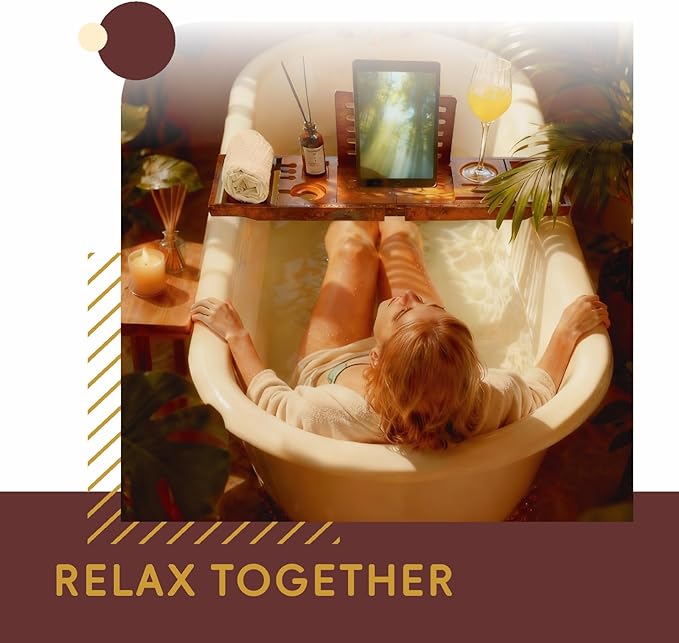 Premium Foldable Bamboo Bathtub Tray Caddy, Expandable Bath Caddy Tray with Holder, Brown Bath Shelf Over Tub, Spa Bathroom Accessories & Gifts for Home