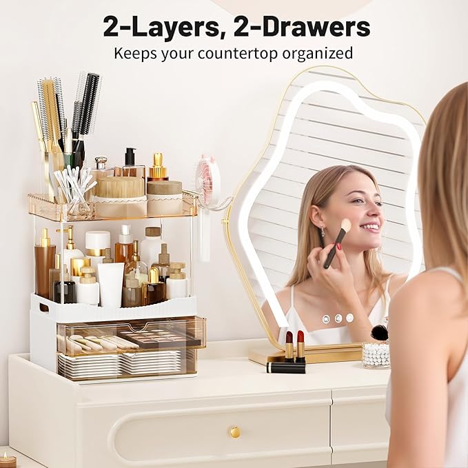 Bathroom Counter Organizer with Hairdryer Holder, 2-Tier 2-Drawer Shower Organizer for Skincare, Makeup Cosmetics, 5-Section Large Capacity Vanity Organizer, Bathroom Decor (Amber)
