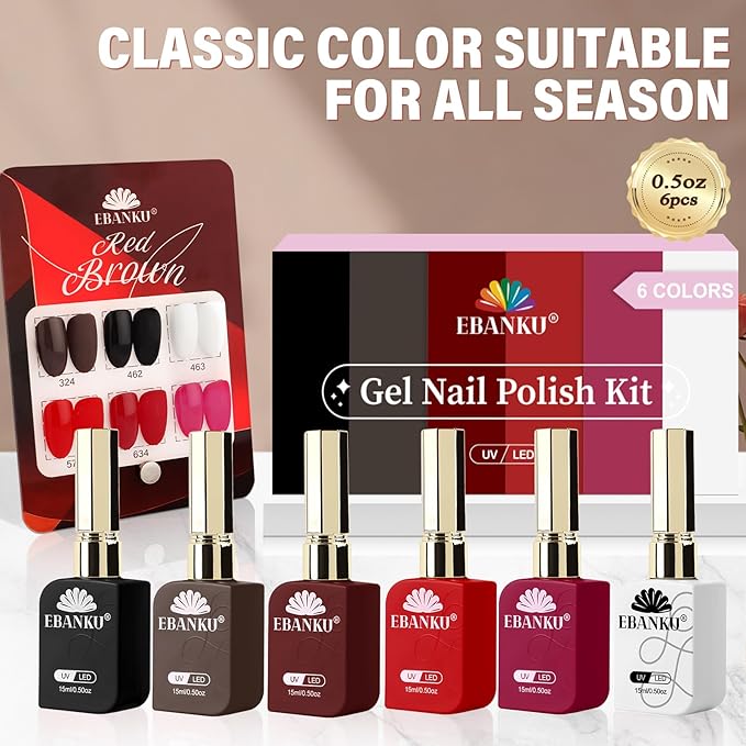 EBANKU 6 Pcs 15ML Red Gel Nail Polish Set- Valentines Dark Red Burgundy Gel Polish Same Color Same Bottle Soak Off Gel Polish Kit Nail Art Manicure Gifts for Women (Dark Red White Black Brown)