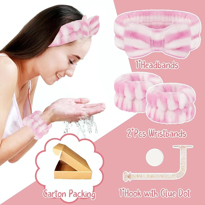 Face Wash Headband and Wristband Set - Microfiber Wristbands with Holder for Face Washing, Spa, Absorbent Wrist Scrunchies