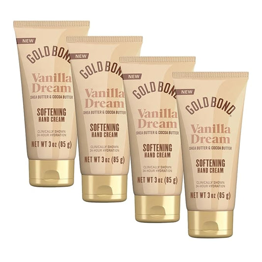 Gold Bond Vanilla Dream Softening Hand Cream, Luxurious Everyday Hand Cream with Shea Butter to Help Boost Skin Moisture and Cocoa Butter to Help Soften Skin, Warm Vanilla Dream Scent, 3 oz, 4 pk