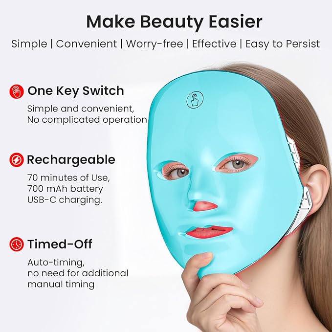 SUERBEATY Red Light Mask For Face, 7-1 Colors Red Light Face Mask, Facial Skincare At Home, Cordless, Portable and Rechargeable, Turkish Blue